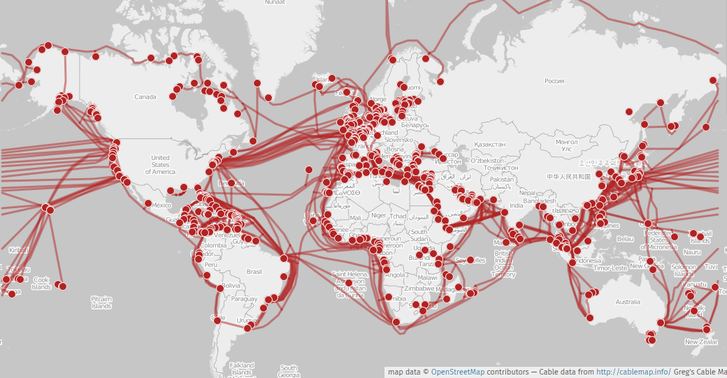 World map of submarine communication cables. (Cable data by Greg Mahlknecht, KML file released under GPLv3; world map by Openstreetmap contributors.)
