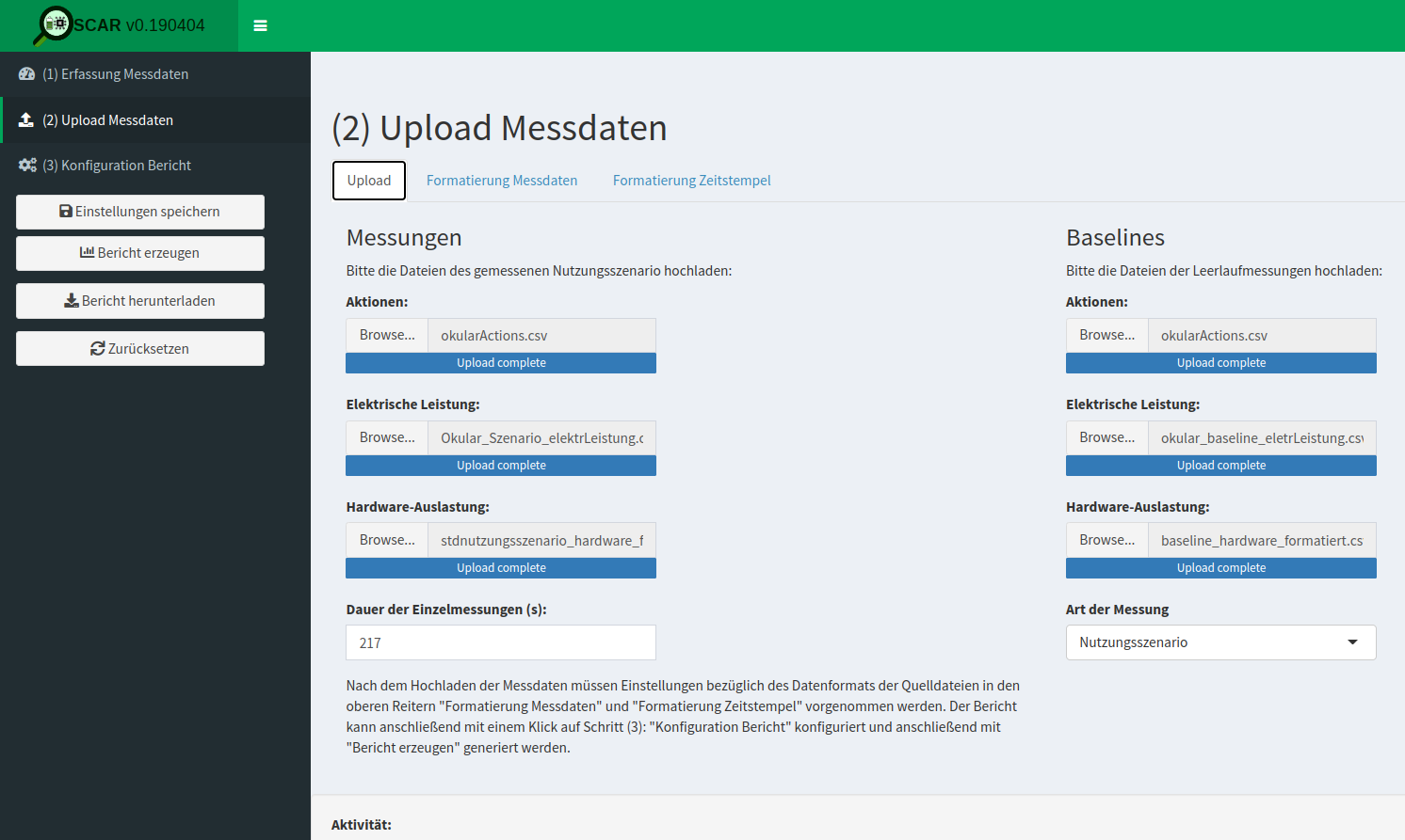 Uploading the measurement data (German: Upload Messdaten).